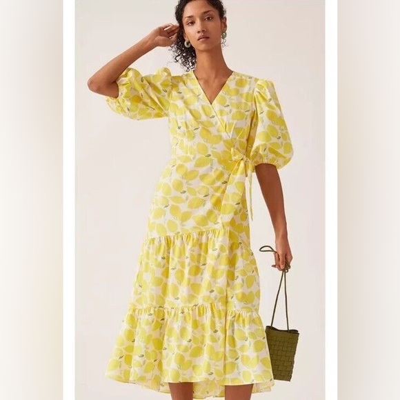 Hutch Dresses & Skirts - Hutch Anthropologie A-line Tiered Wrap Midi Dress Lemon Citrus Puff Sleeve sun